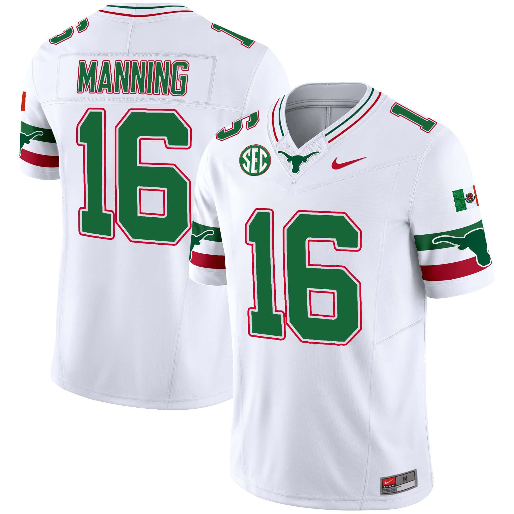 Men Texas Longhorns 16 Manning White 2024 Nike Mexico SEC Patch Vapor NCAA Jersey